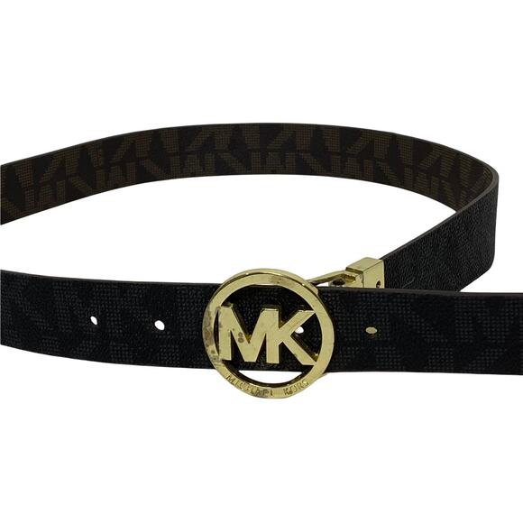 Michael Kors Women's Belt 32mm Brown Reversible Career Gold Logo Buckle S/M - Picture 1 of 3
